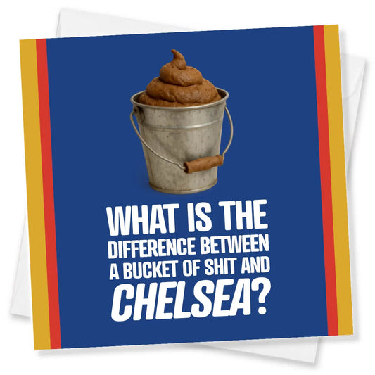 Card with a bucket of poop graphic and humorous text on a blue background
