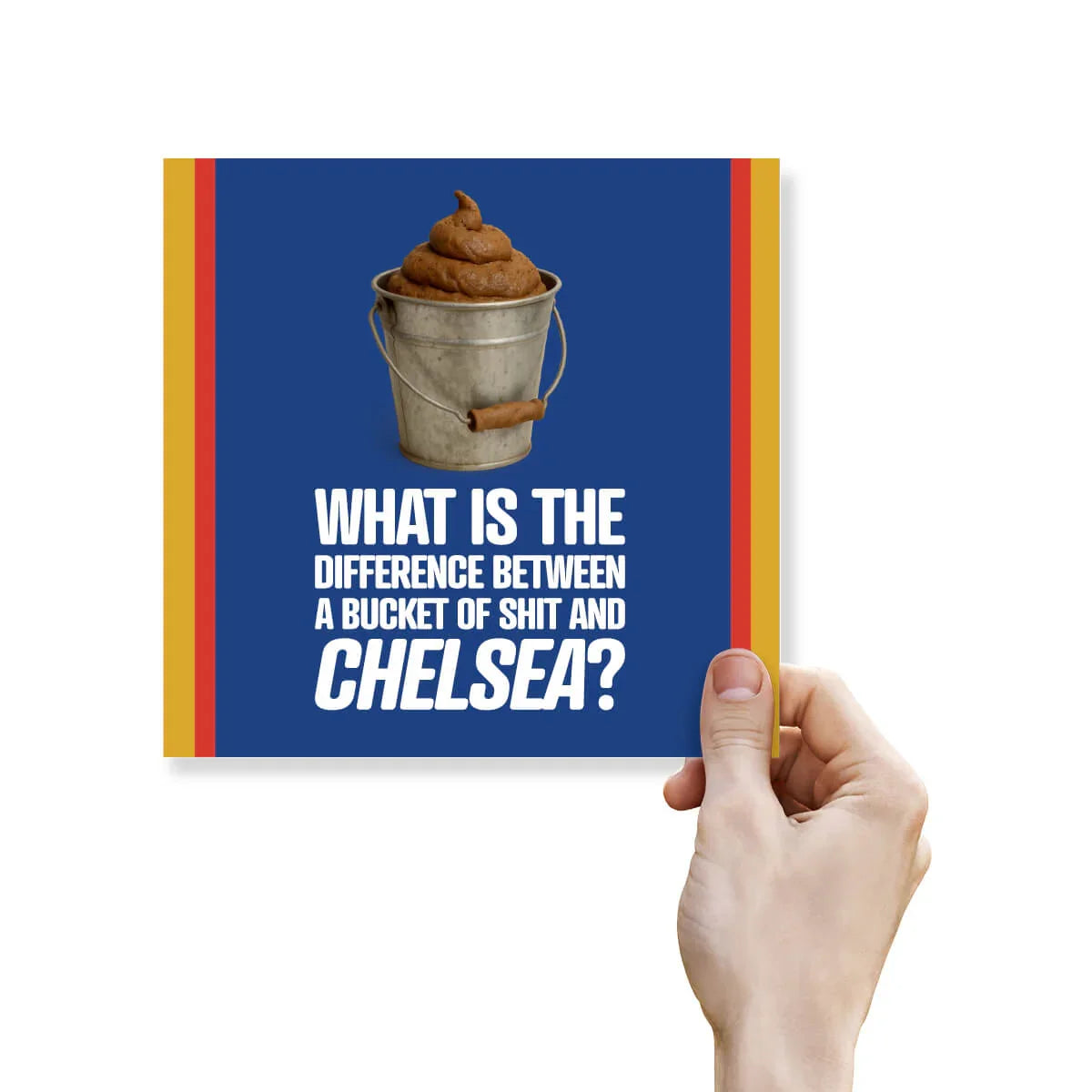 Card with a bucket of poop illustration and humorous text on a blue background, held by a hand.