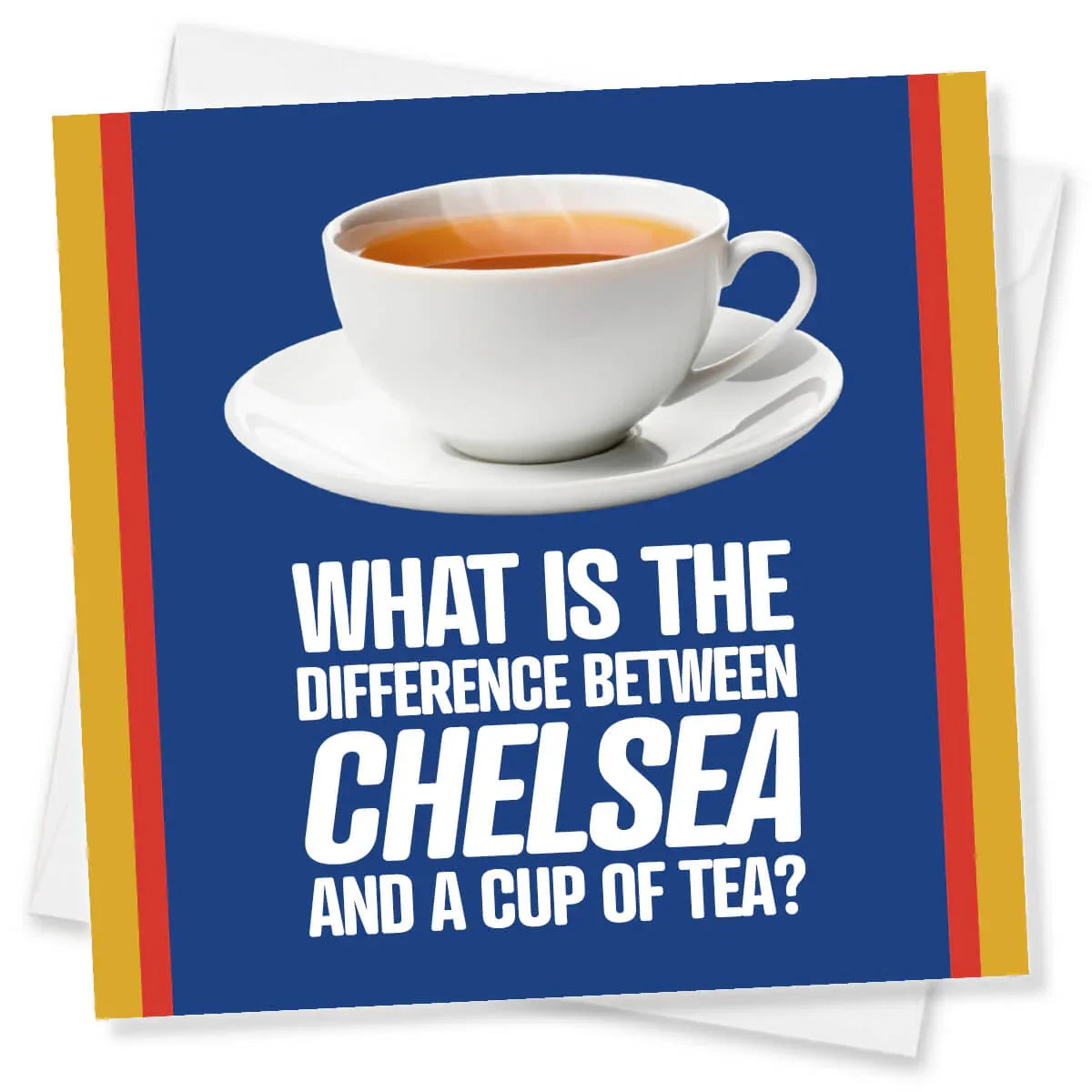 Card with a cup of tea and humorous text on a blue background