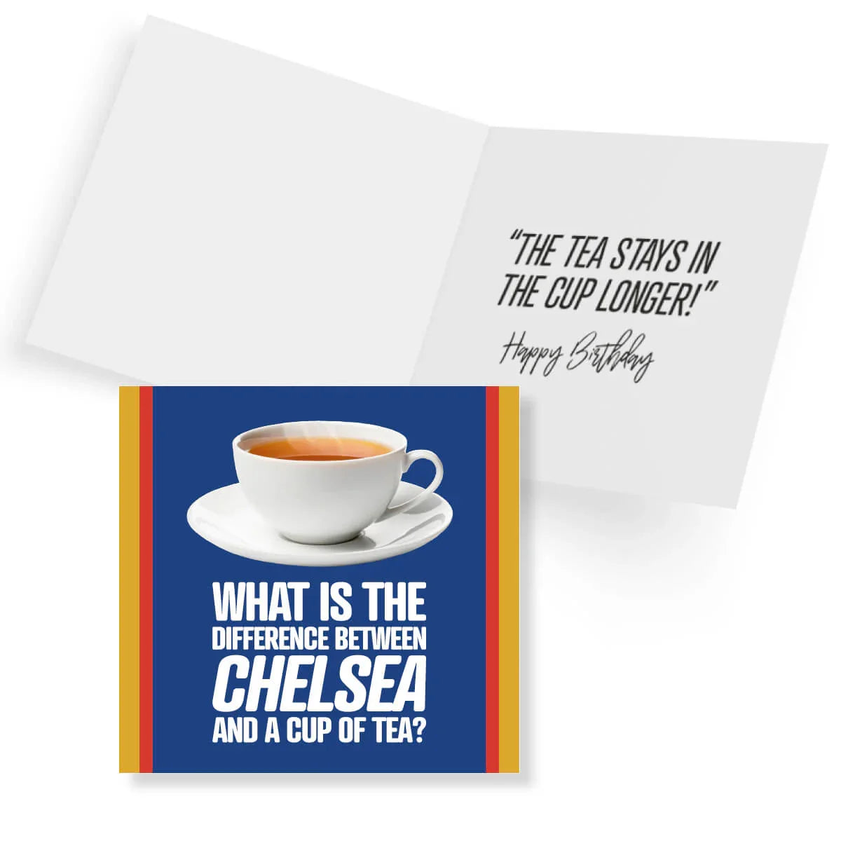 Greeting card with a cup of tea illustration and humorous text on a blue background