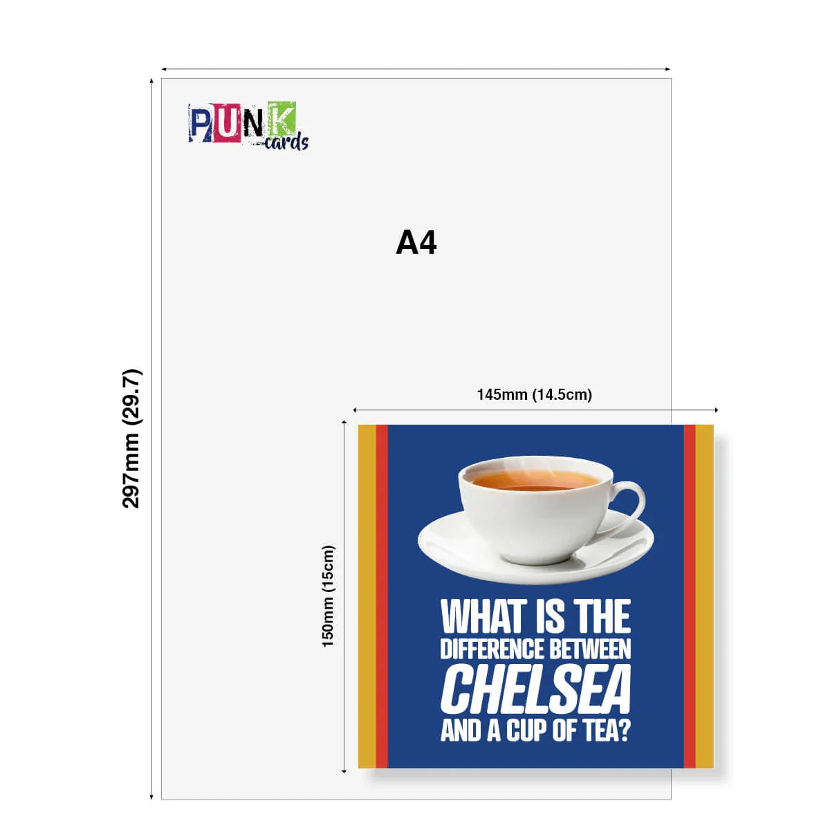 Punk Cards A4 size card with a cup of tea design and text.