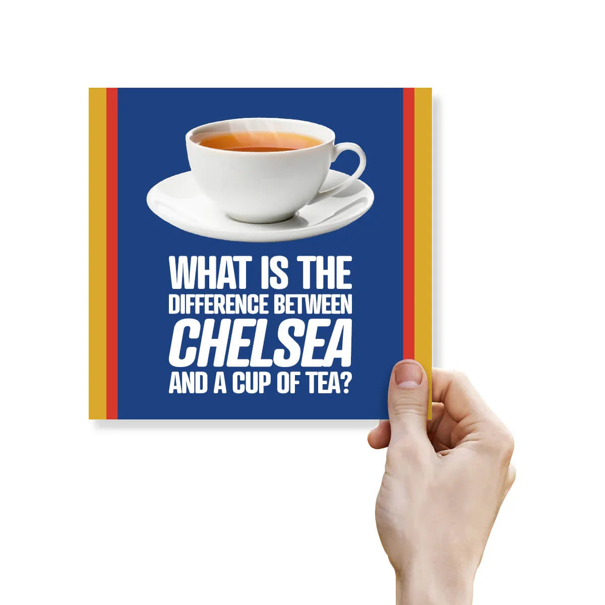 Card with a cup of tea illustration and humorous text, held by a hand.