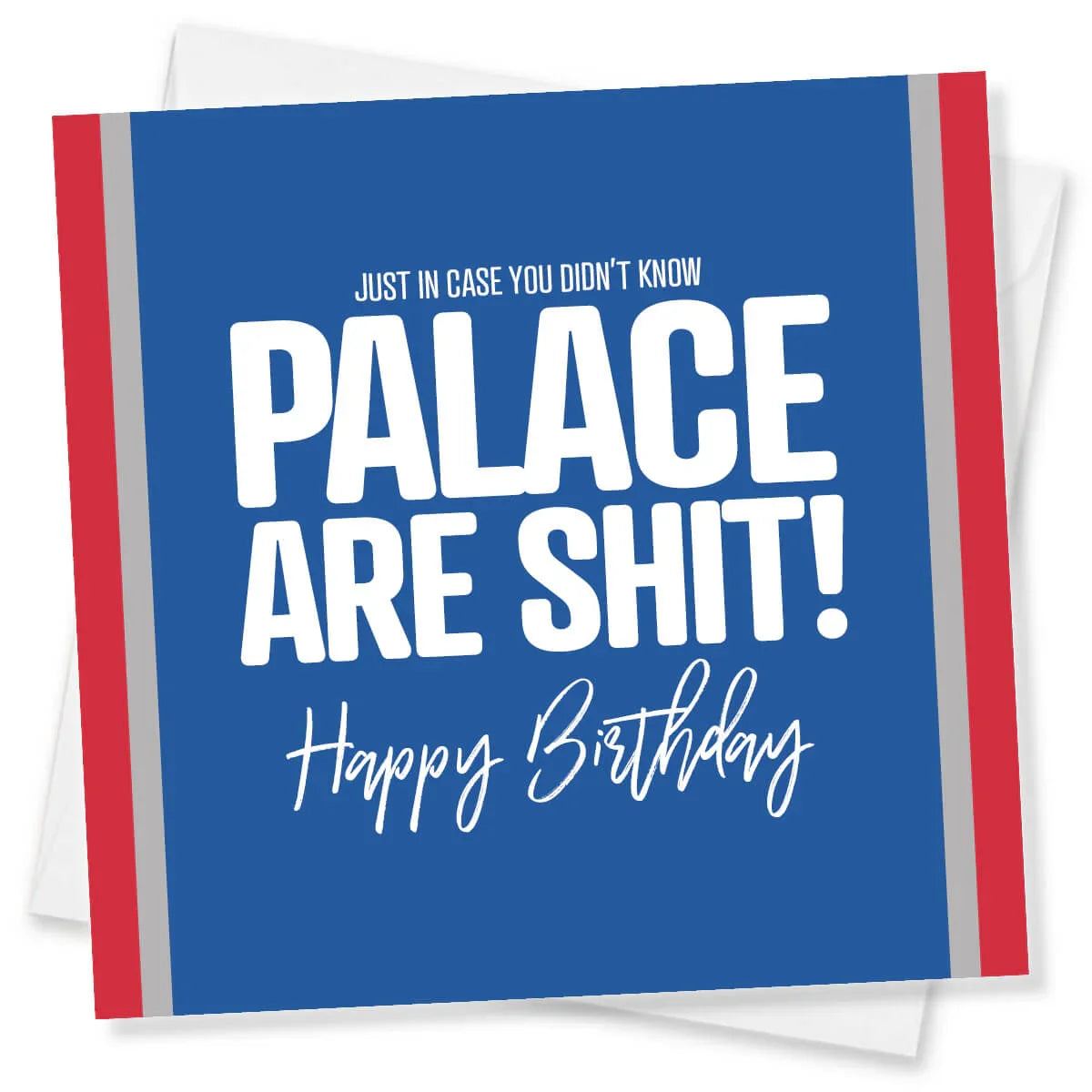 Blue birthday card with white and red text on a white background