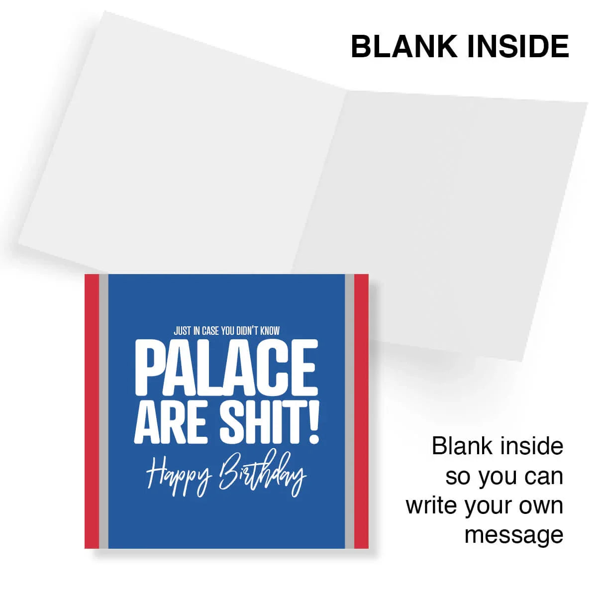 Greeting card with blue background and white text, featuring a red border.