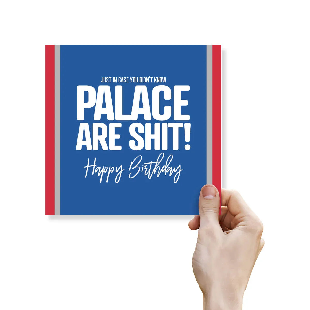 Hand holding a blue card with white text on a white background