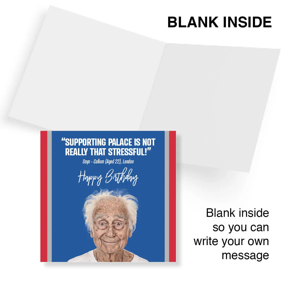 Funny Crystal Palace birthday card with smiling elderly man, blank inside for custom message