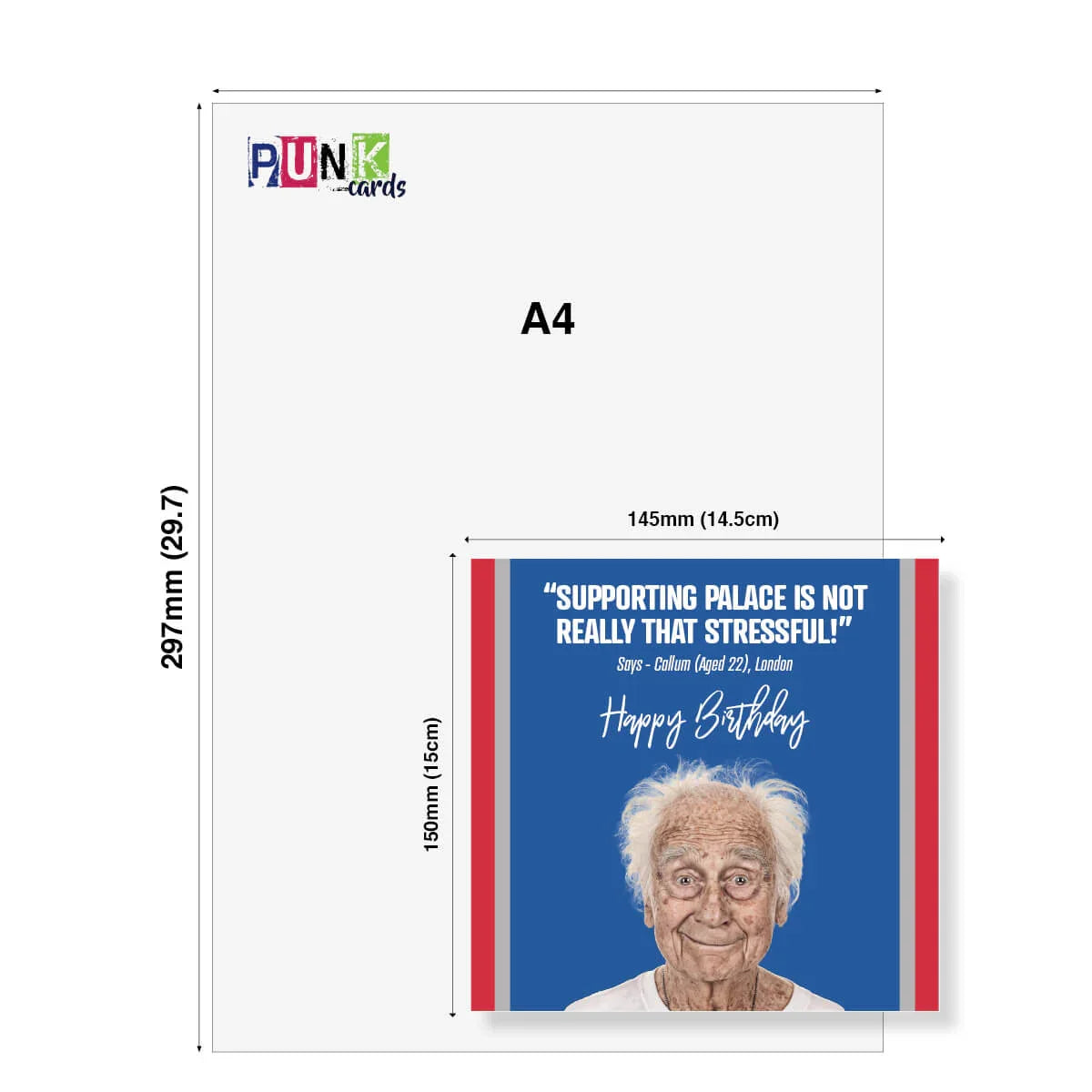 Funny Crystal Palace football birthday card with elderly man, blue background, card size shown
