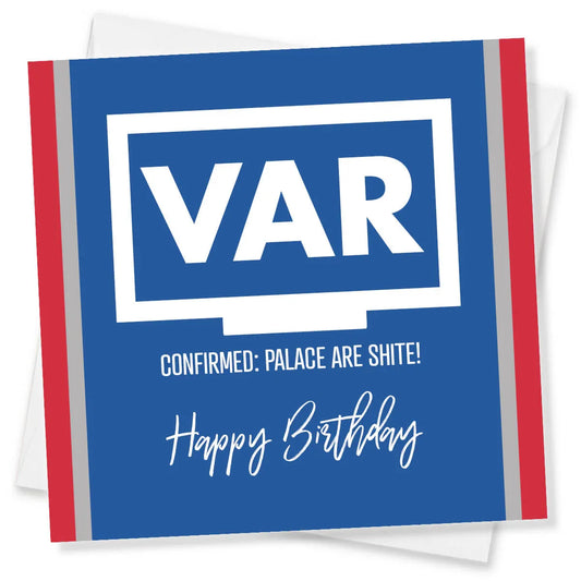 Funny football birthday card with VAR screen and cheeky birthday message on blue background.