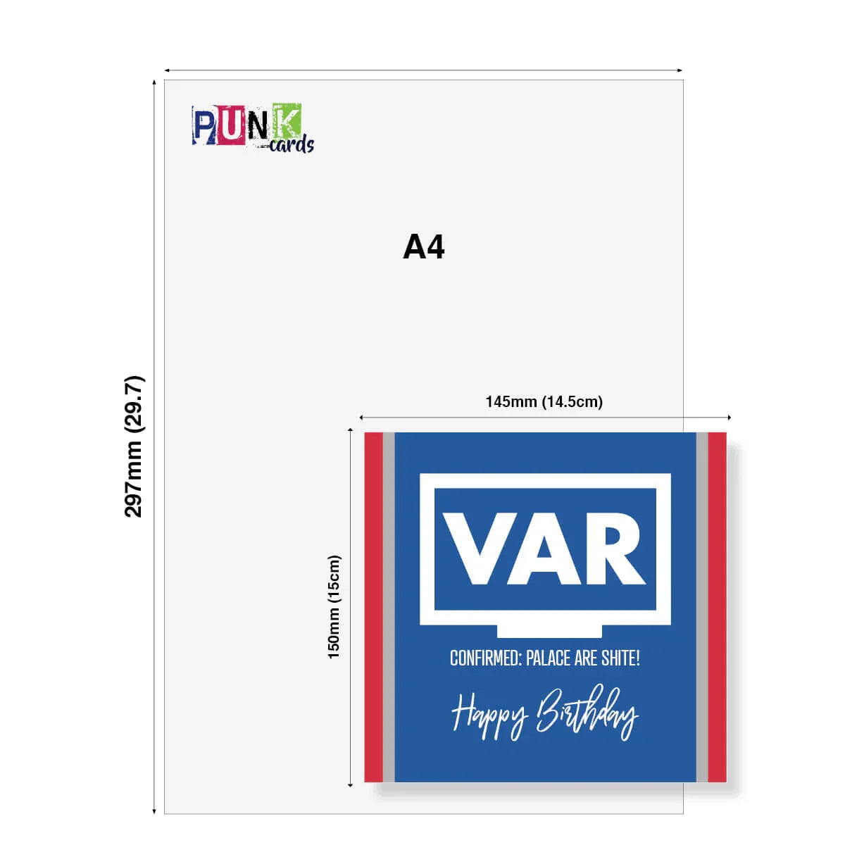 Funny VAR themed Crystal Palace birthday card, blue with red border, size comparison to A4