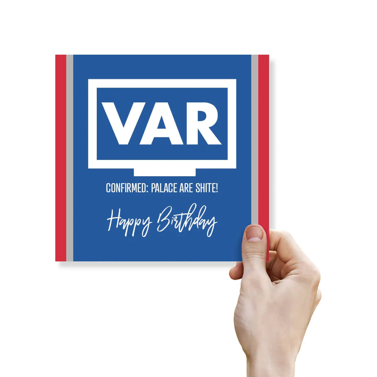 Funny football VAR birthday card with blue background and bold text, held by a hand