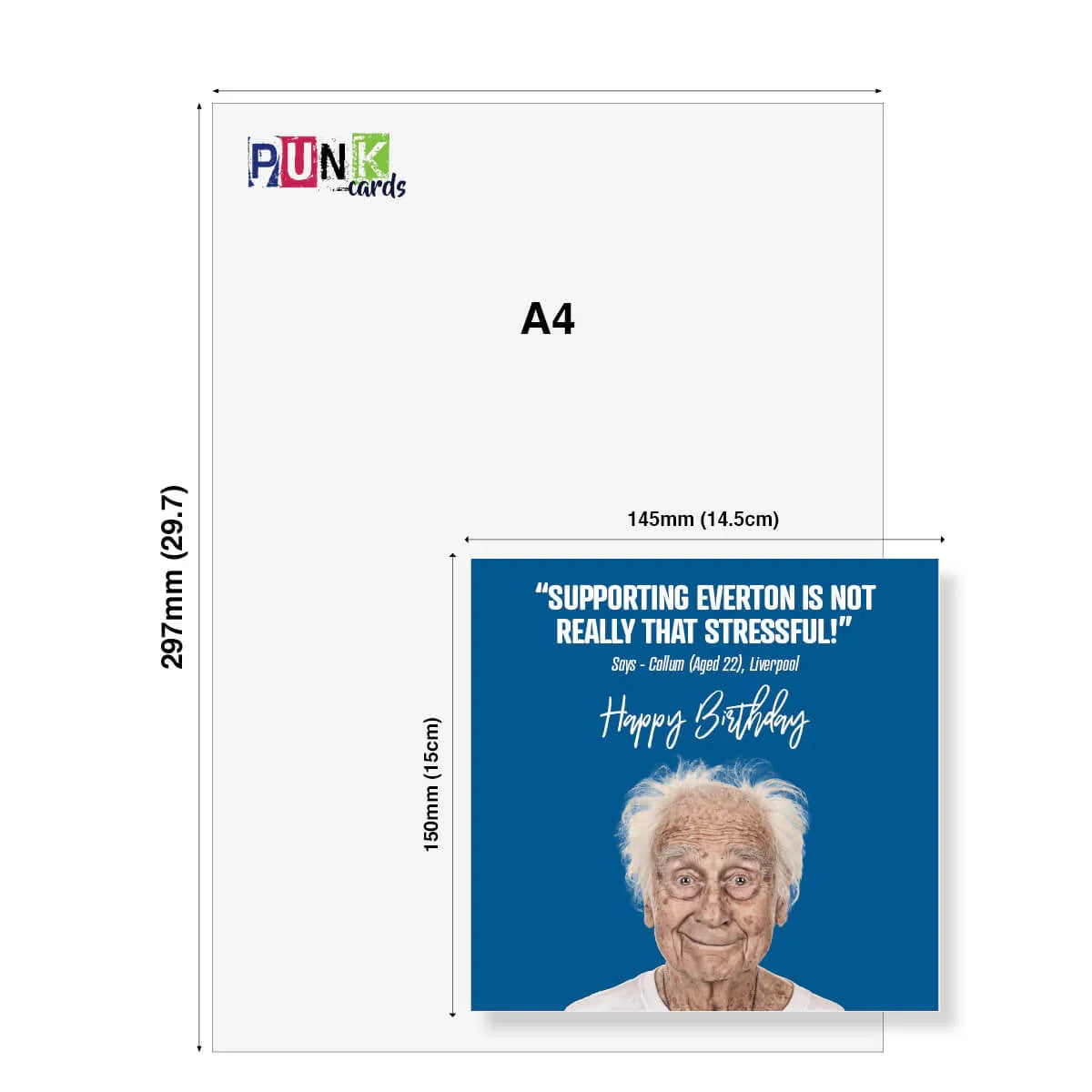 Funny Everton birthday card with elderly man, blue background, and humorous football quote