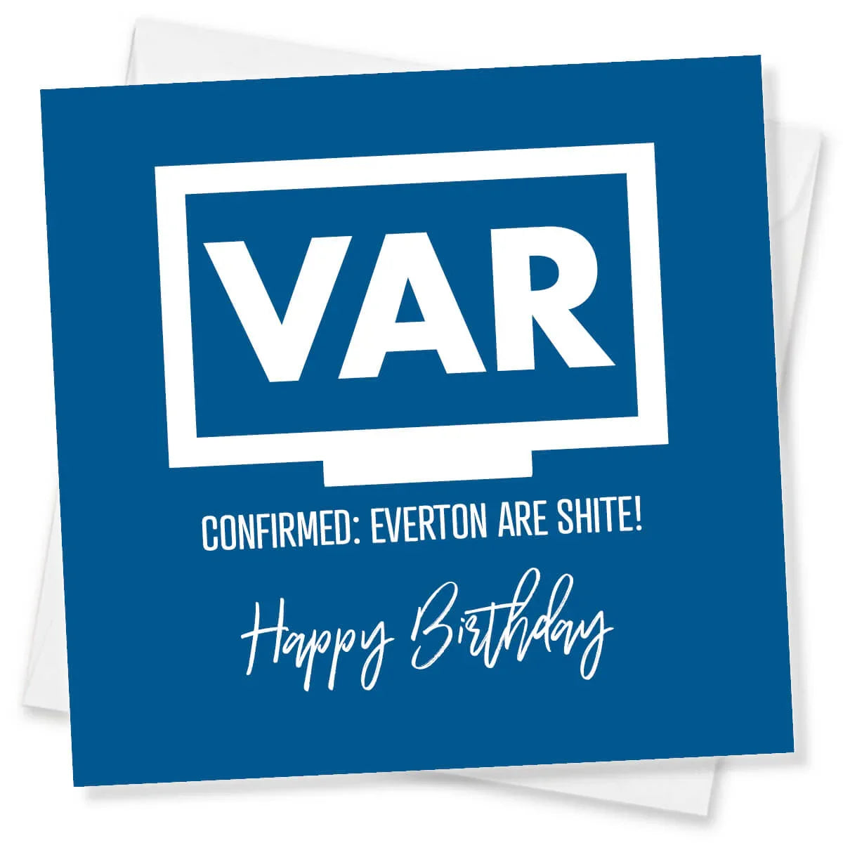 Funny blue birthday card with VAR graphic and humorous football text about Everton.