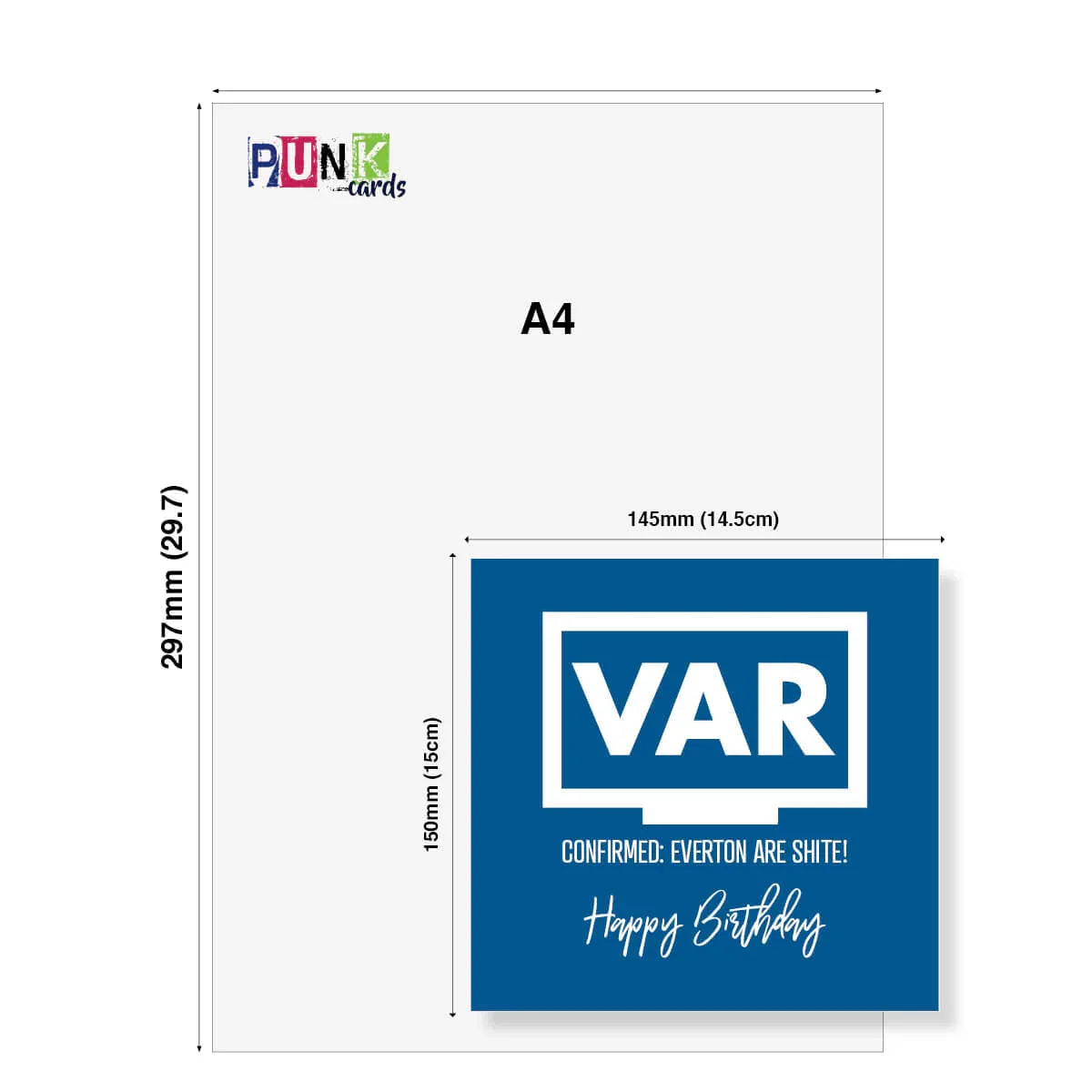 Funny VAR football birthday card with blue background, rude Everton joke, size comparison to A4