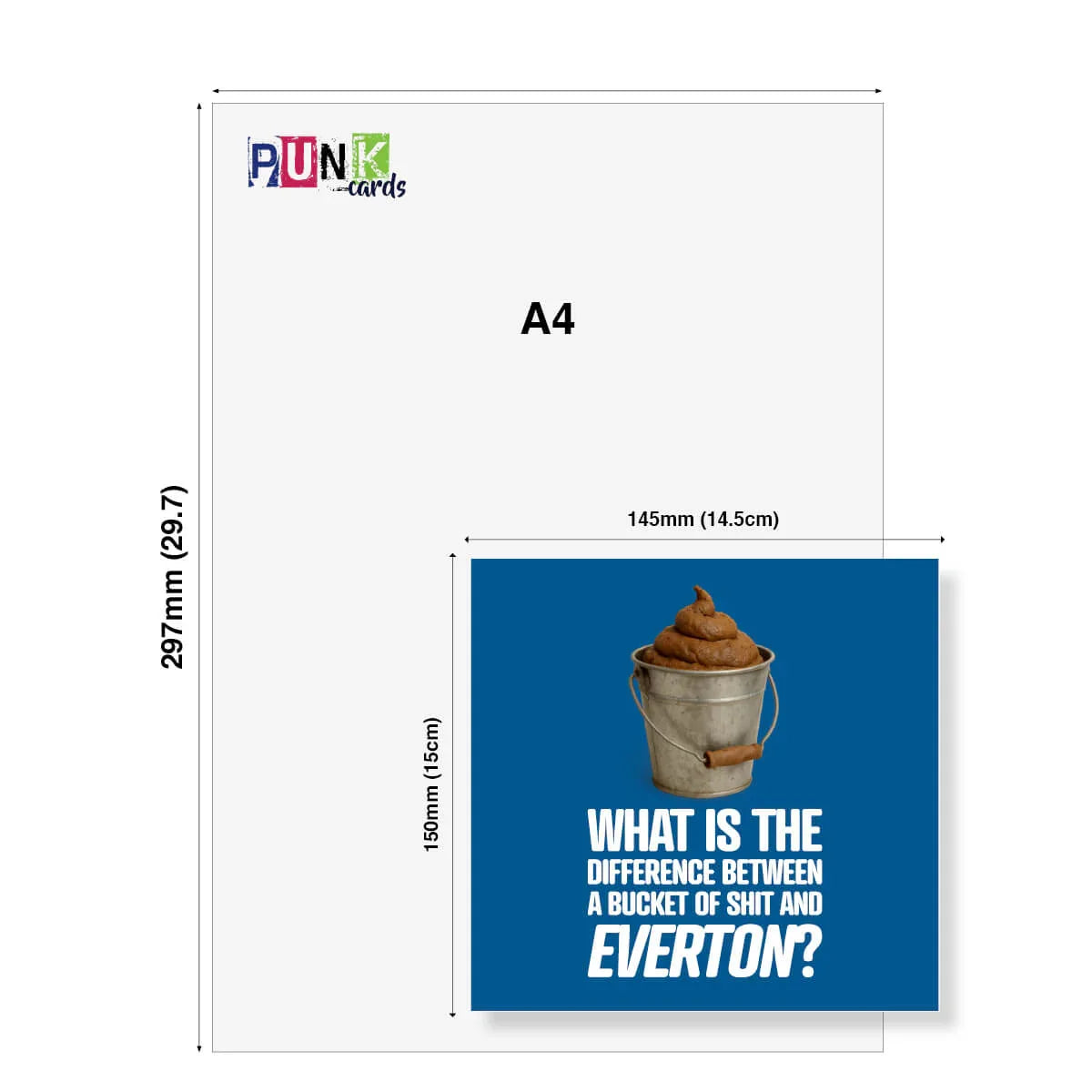 Funny rude birthday card with bucket illustration, blue background, bold white text joke about Everton, size 150x145mm shown against A4 sheet.