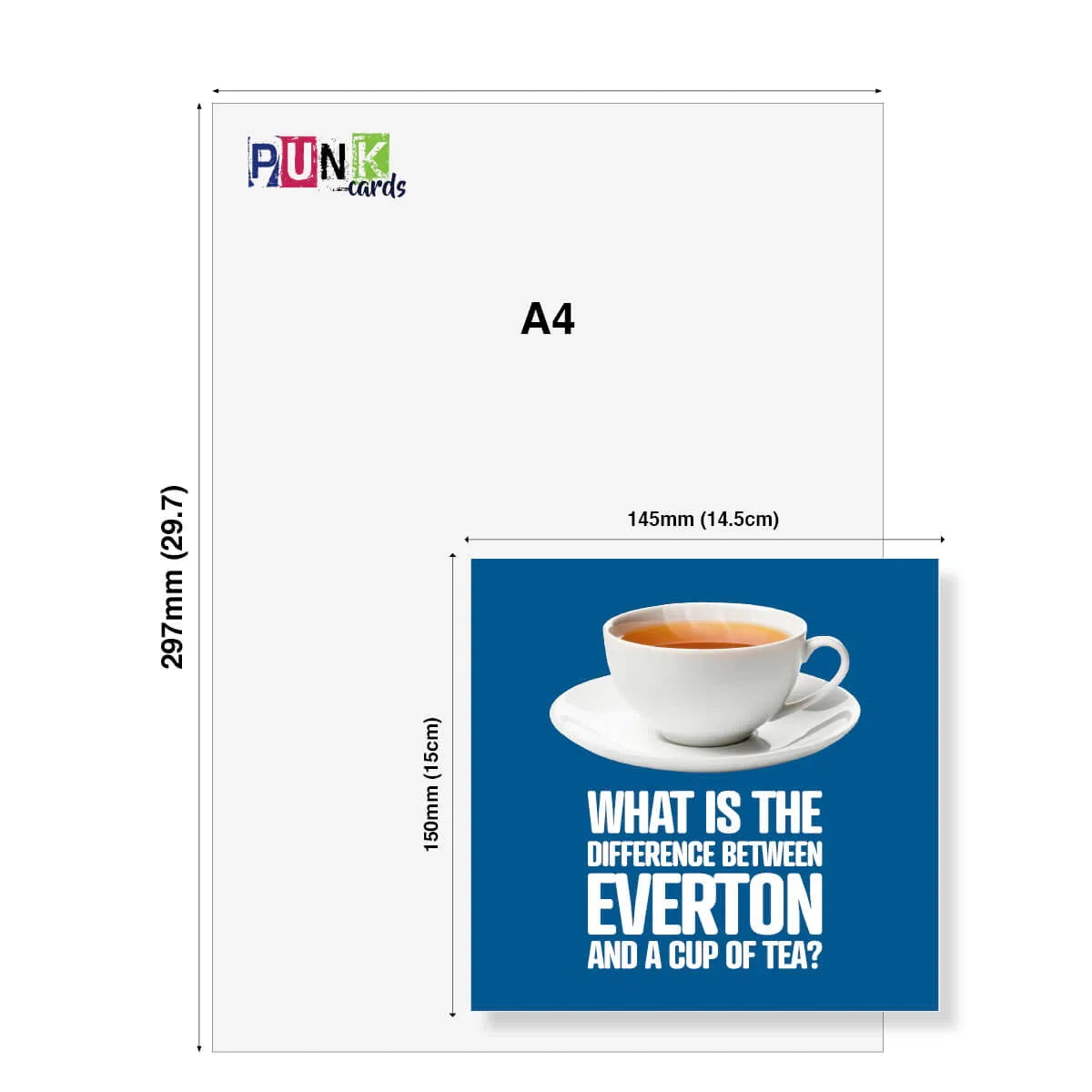 Funny Everton birthday card with tea cup and joke text, size comparison to A4 sheet.