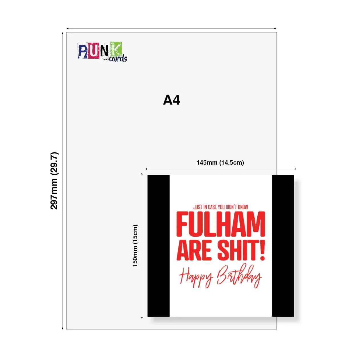 A4 size card with text 'Fulham are shit! Happy Birthday' and Punk Cards branding.