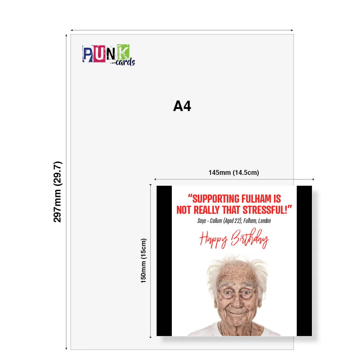 Funny Fulham birthday card with elderly man, red text joke, card size comparison to A4