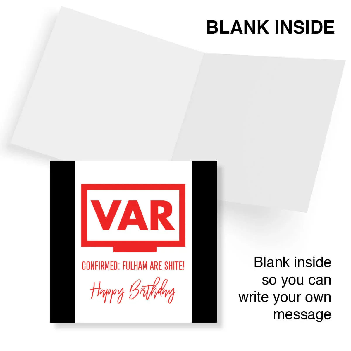 Funny VAR themed football birthday card with bold red text and blank inside for custom messages