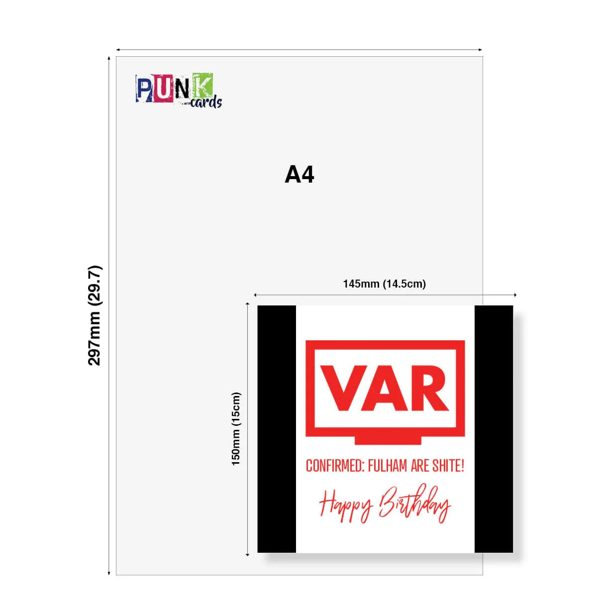 Funny football-themed birthday card mockup with VAR graphic and humorous Fulham message.