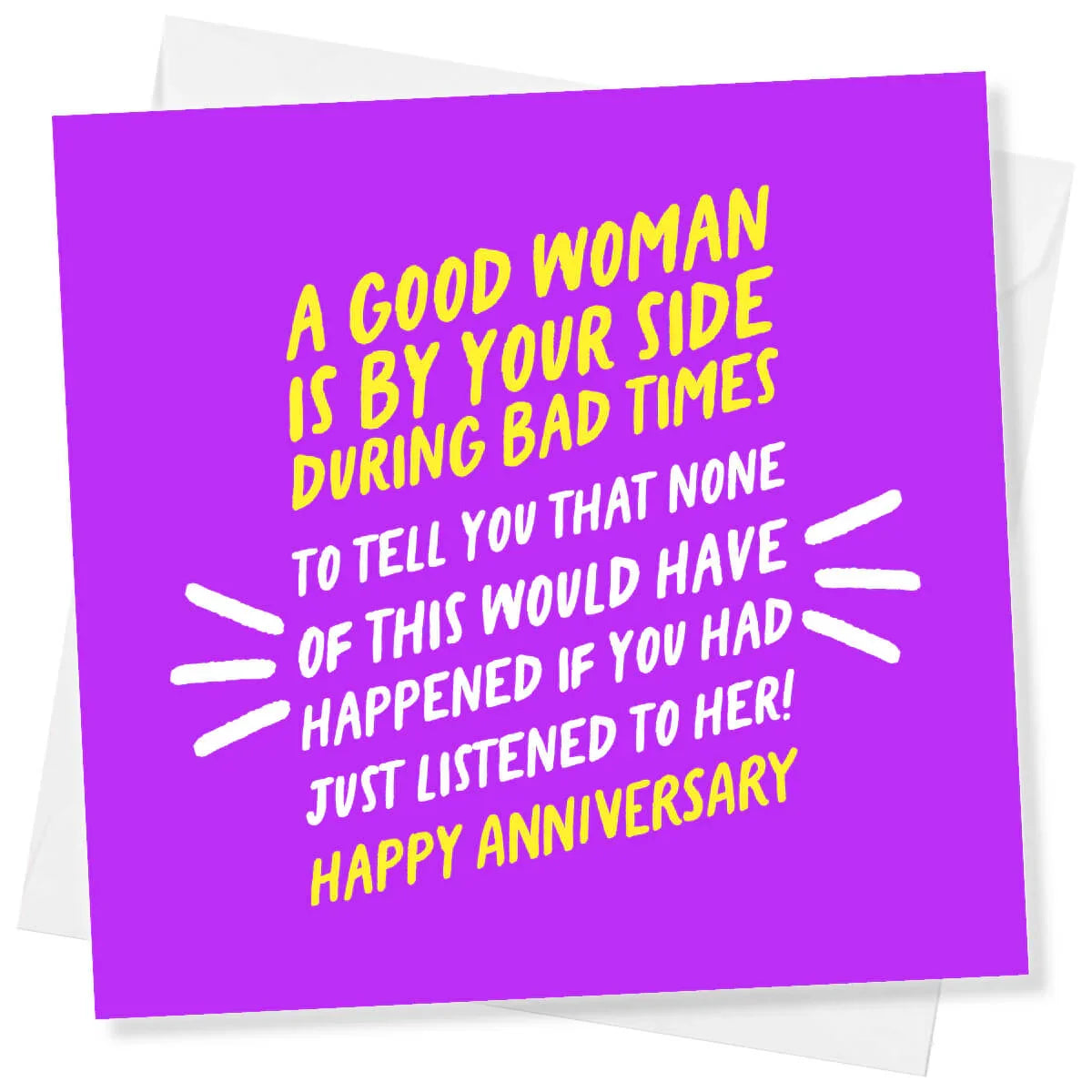Funny purple anniversary card with yellow and white text and humorous message for couples.