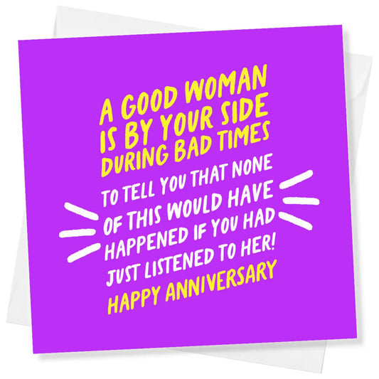 Funny purple anniversary card with yellow and white text and humorous message for couples.