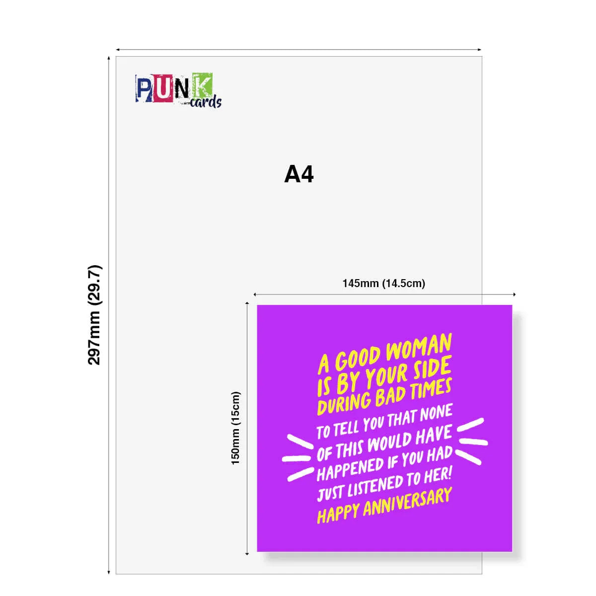 Funny anniversary card with purple background, yellow and white text, and size comparison to A4 sheet