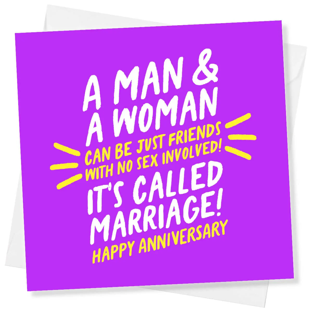 Funny purple anniversary card with white and yellow text joke about marriage and friendship