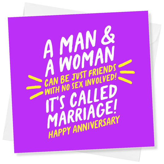 Funny purple anniversary card with white and yellow text joke about marriage and friendship