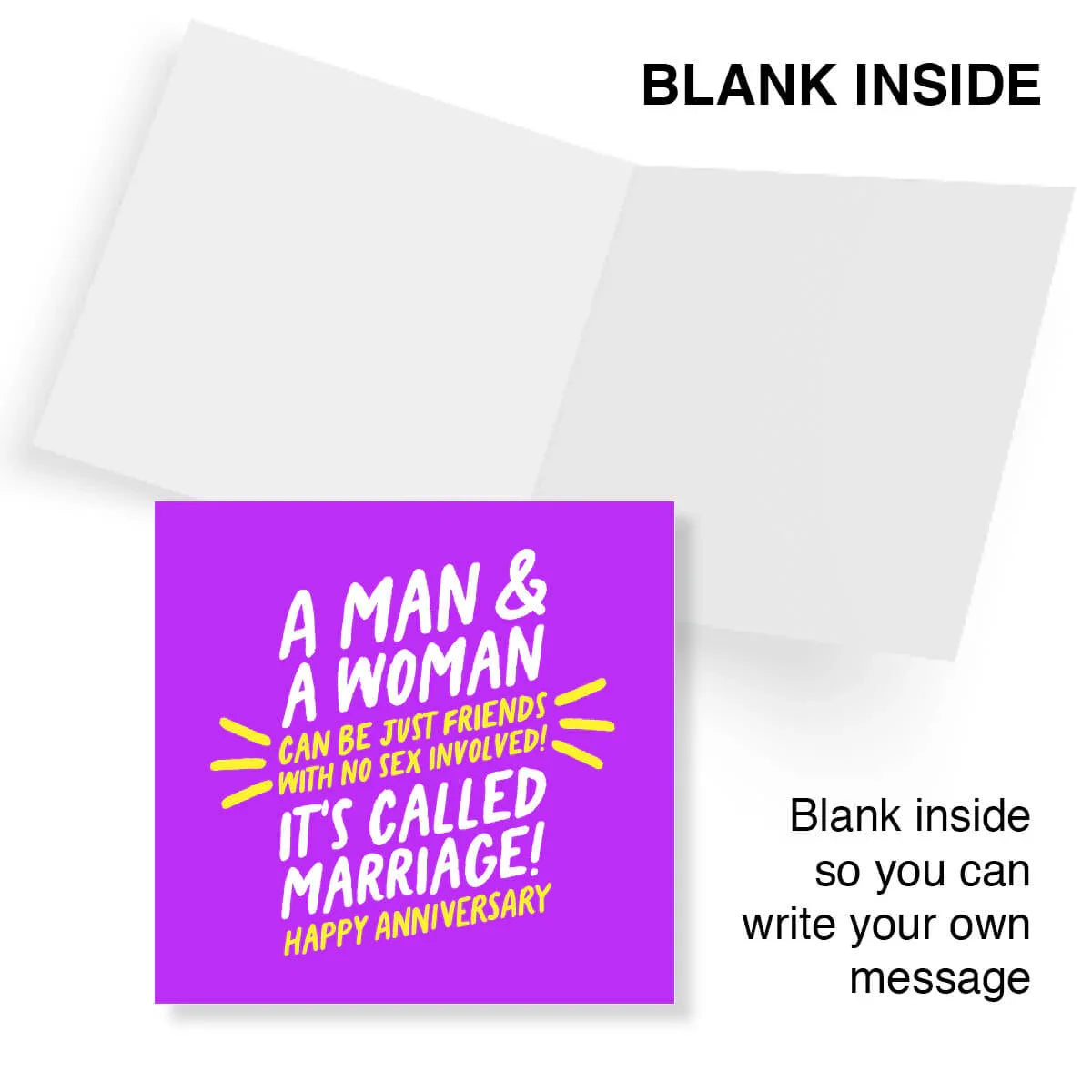 Funny anniversary card with bold text on purple cover, blank inside for personal message