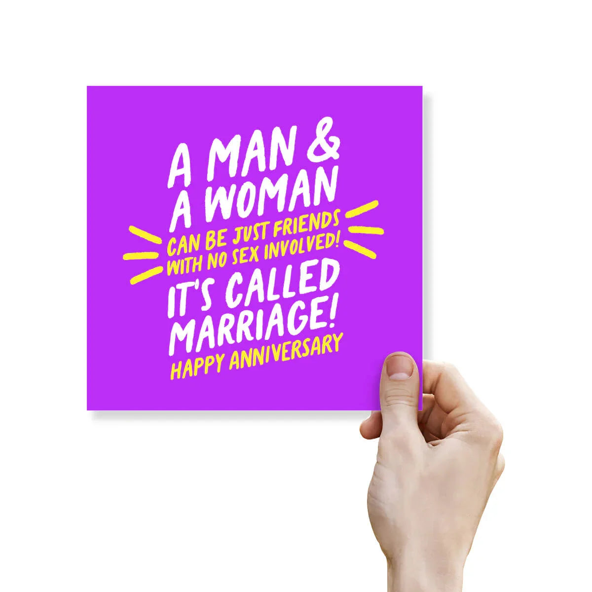 Funny purple anniversary card with bold white and yellow text, held by a hand, joke about marriage.