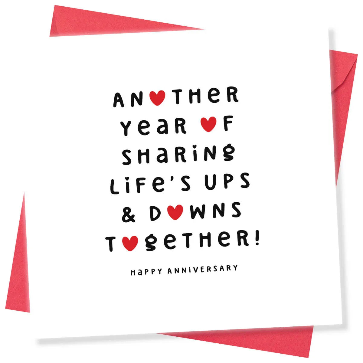 Funny anniversary card with playful text and hearts, white card with red envelope.