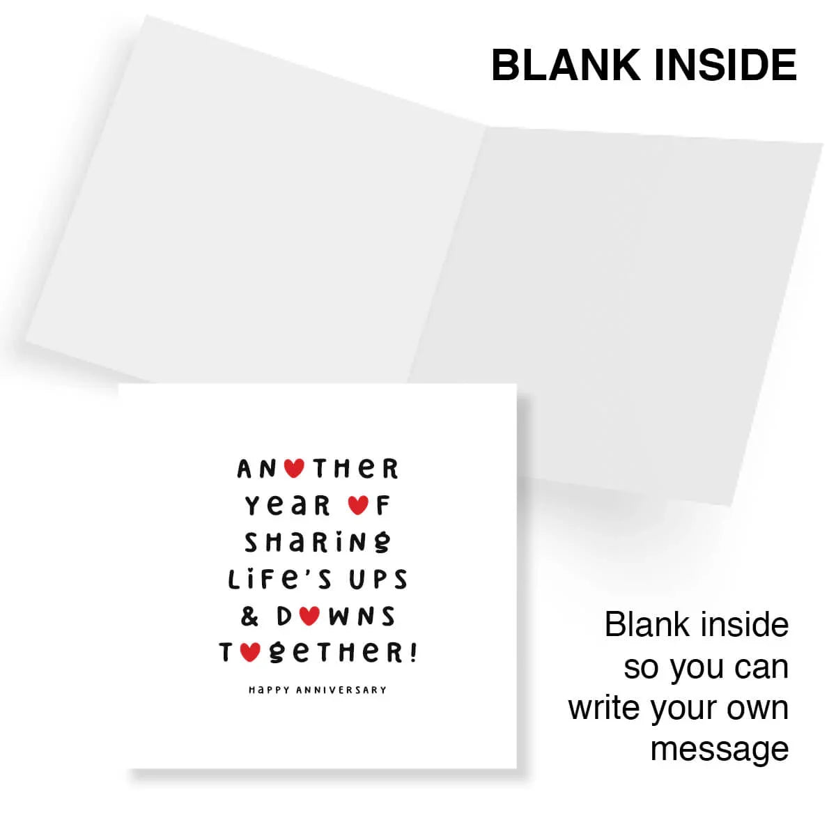Funny anniversary card with hearts, blank inside for custom message