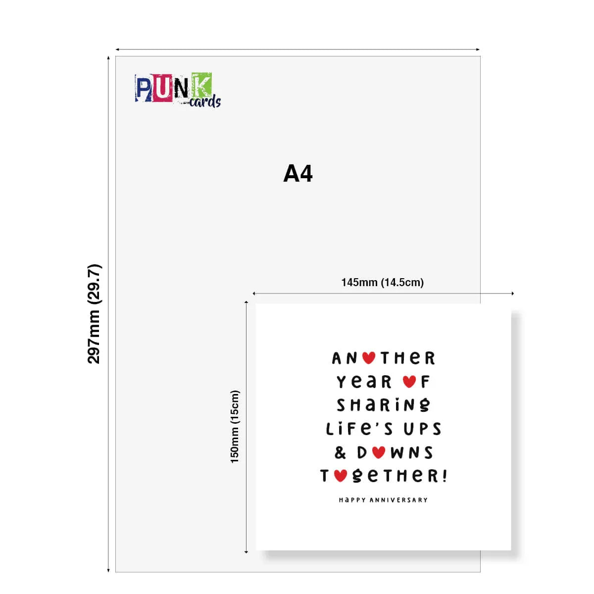 Funny anniversary card with red hearts, bold text, and size comparison to A4 sheet