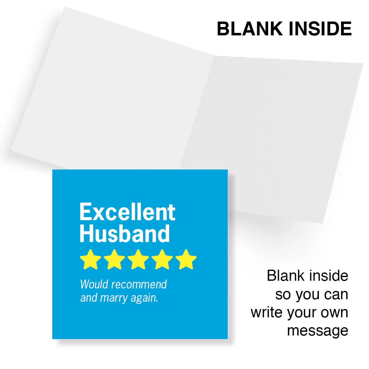 Funny anniversary card with 'Excellent Husband, five stars, would recommend and marry again', blank inside.