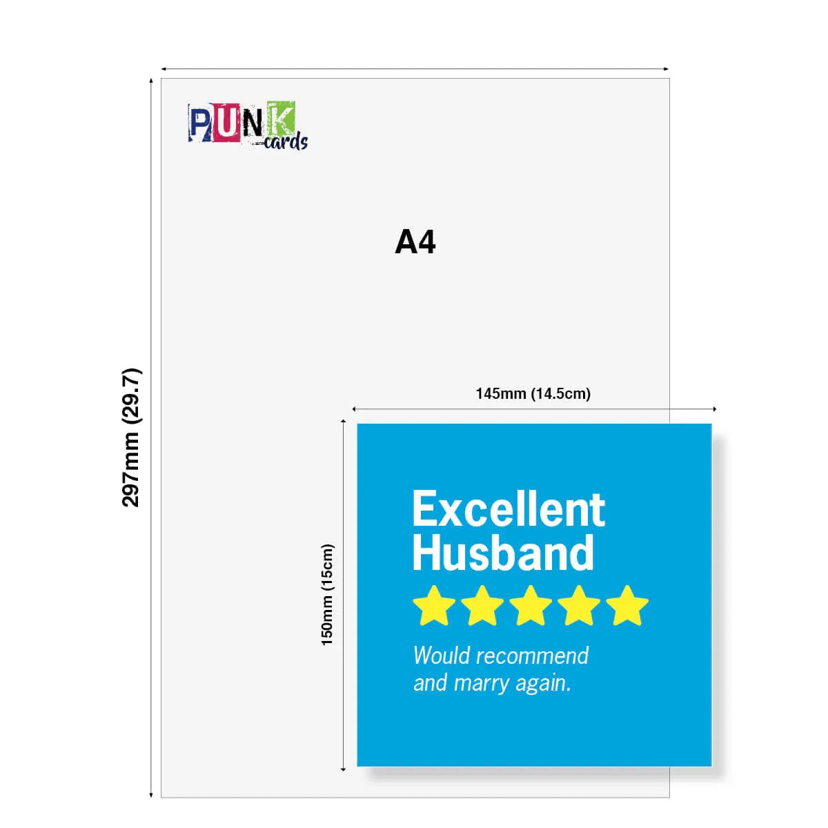 Funny anniversary card for husband with five-star rating, blue background, A5 size display.