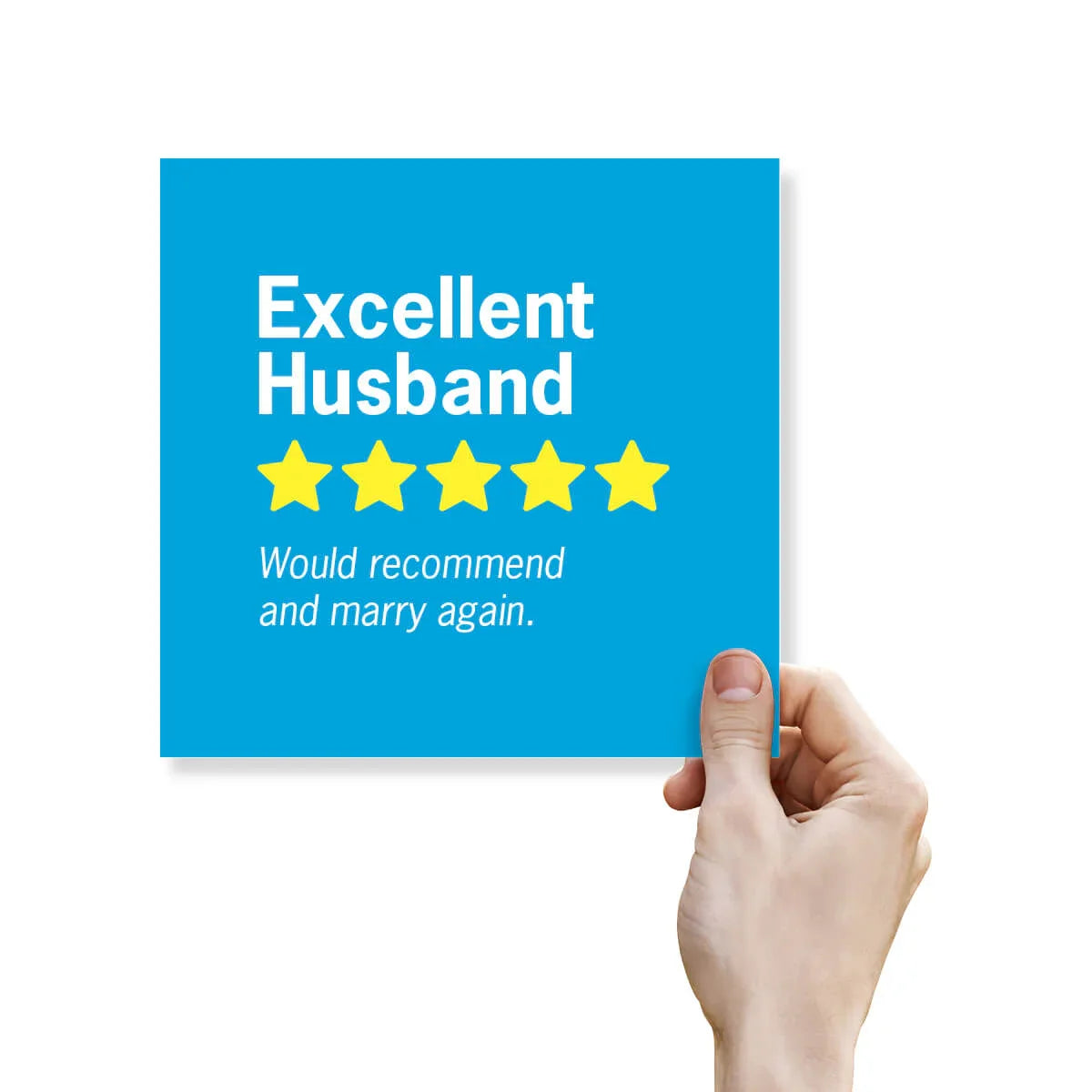 Funny anniversary card with 'Excellent Husband' five stars rating, held by a hand