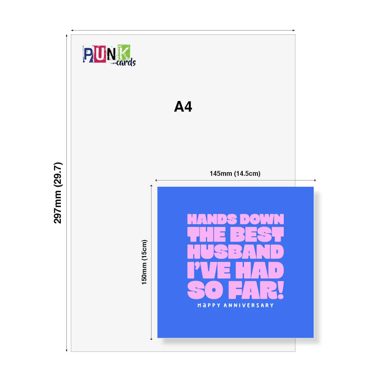 Funny blue anniversary card with bold pink text reading 'Hands down the best husband I've had so far!' shown next to A4 size for scale.