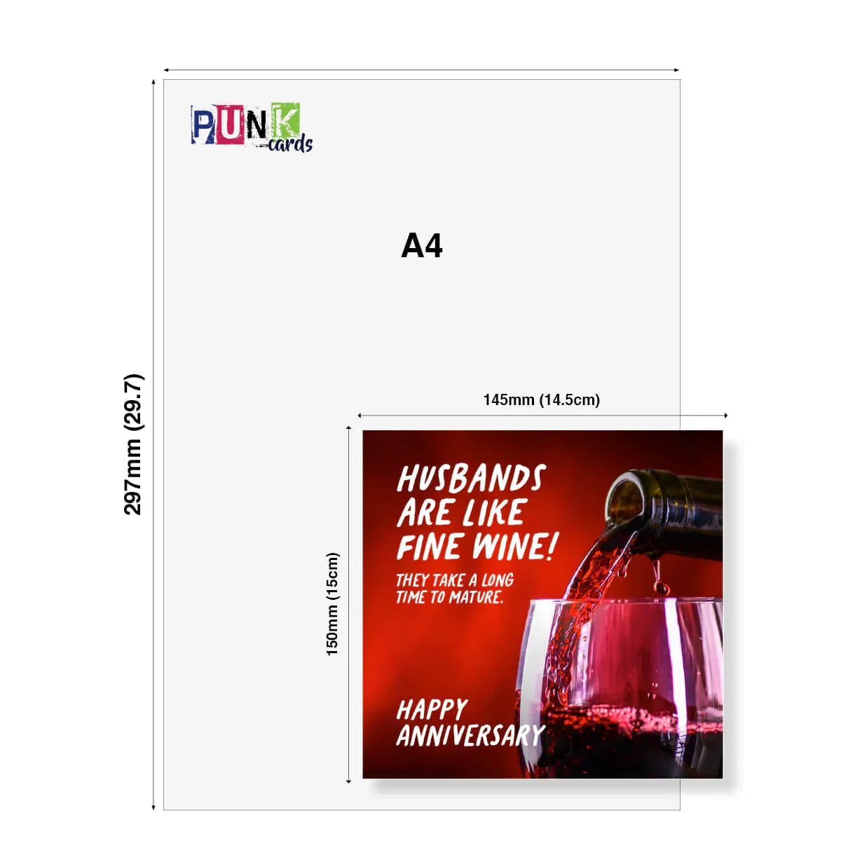 Funny anniversary card with the text 'Husbands are like fine wine,' wine pouring into glass, card size shown.