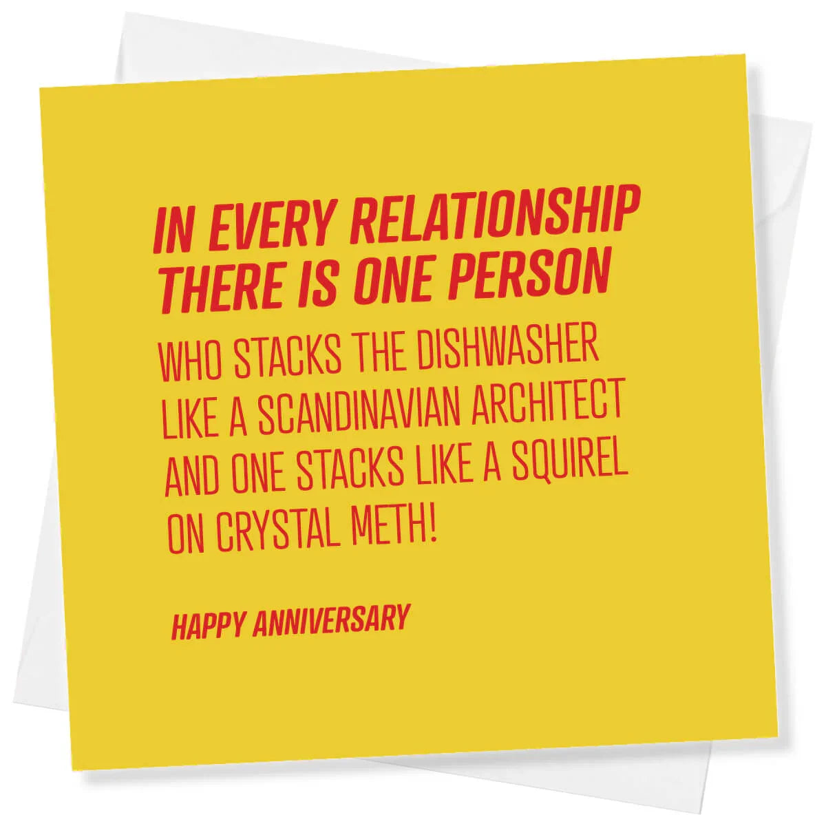 Funny anniversary card with bold red text on a yellow background featuring a humorous dishwasher stacking joke.