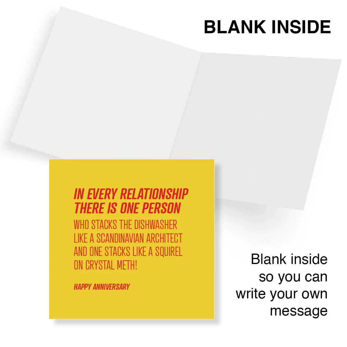 Funny anniversary card with bold red and yellow text, blank inside for custom message.