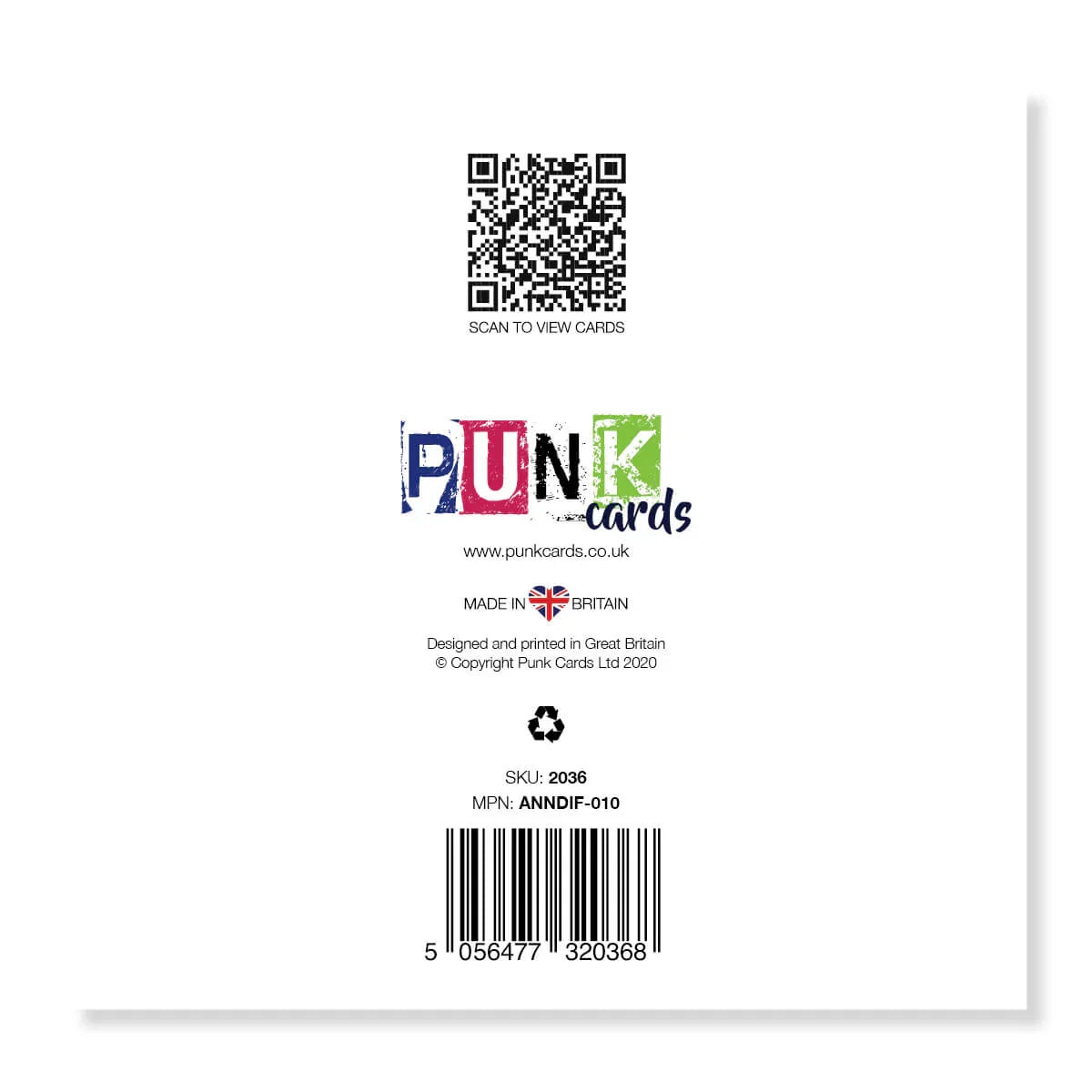 Back of a funny greeting card with QR code, Punk Cards logo, UK flag, and barcode.