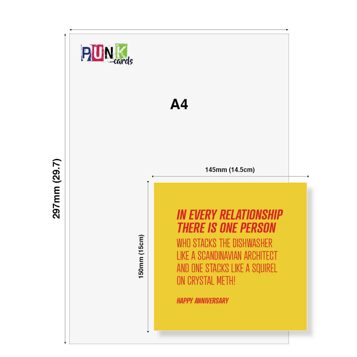 Funny anniversary card with yellow background and humorous dishwasher quote, A5 size comparison.