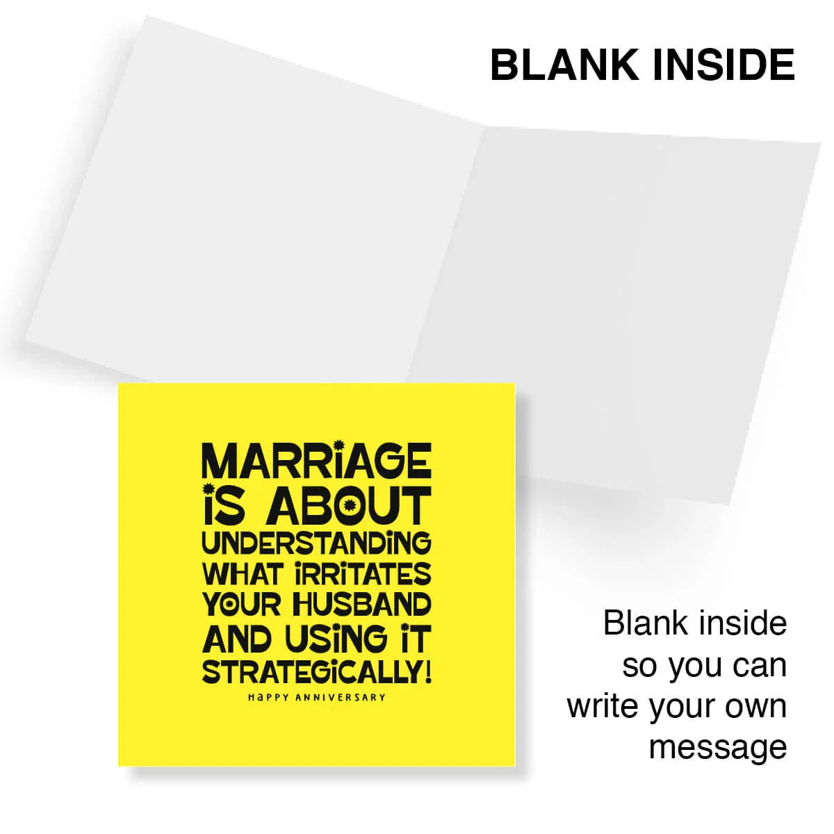 Funny yellow anniversary card with bold black text about marriage, blank inside for custom message.