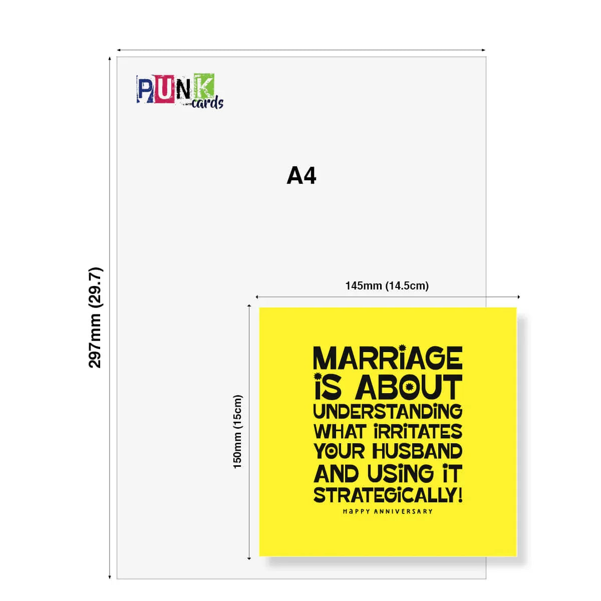 Funny yellow anniversary card with bold text about marriage, shown next to A4 size for scale.