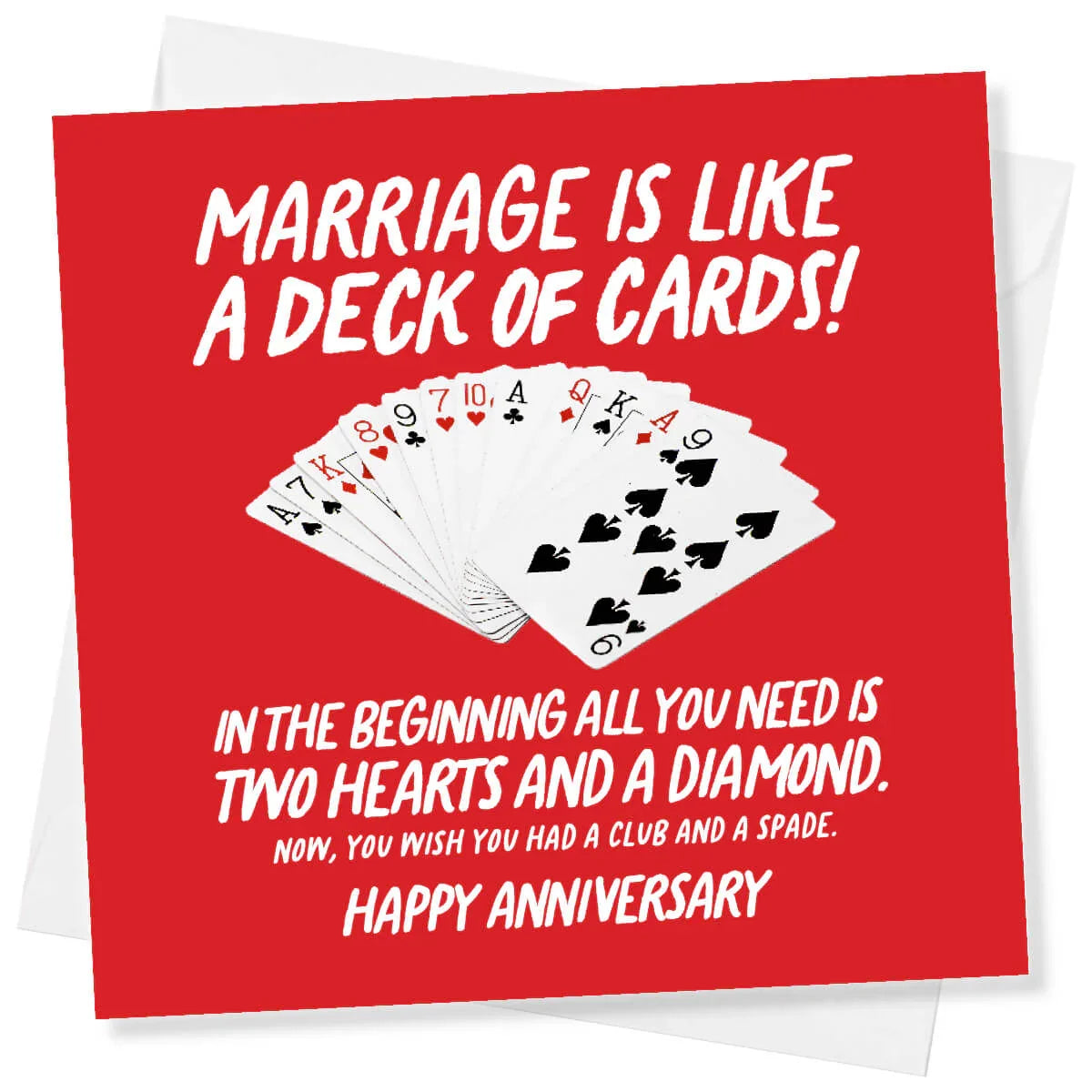 Funny anniversary card with playing cards and humorous marriage quote on red background