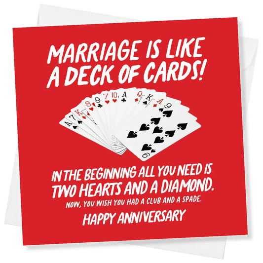 Funny anniversary card with playing cards and humorous marriage quote on red background