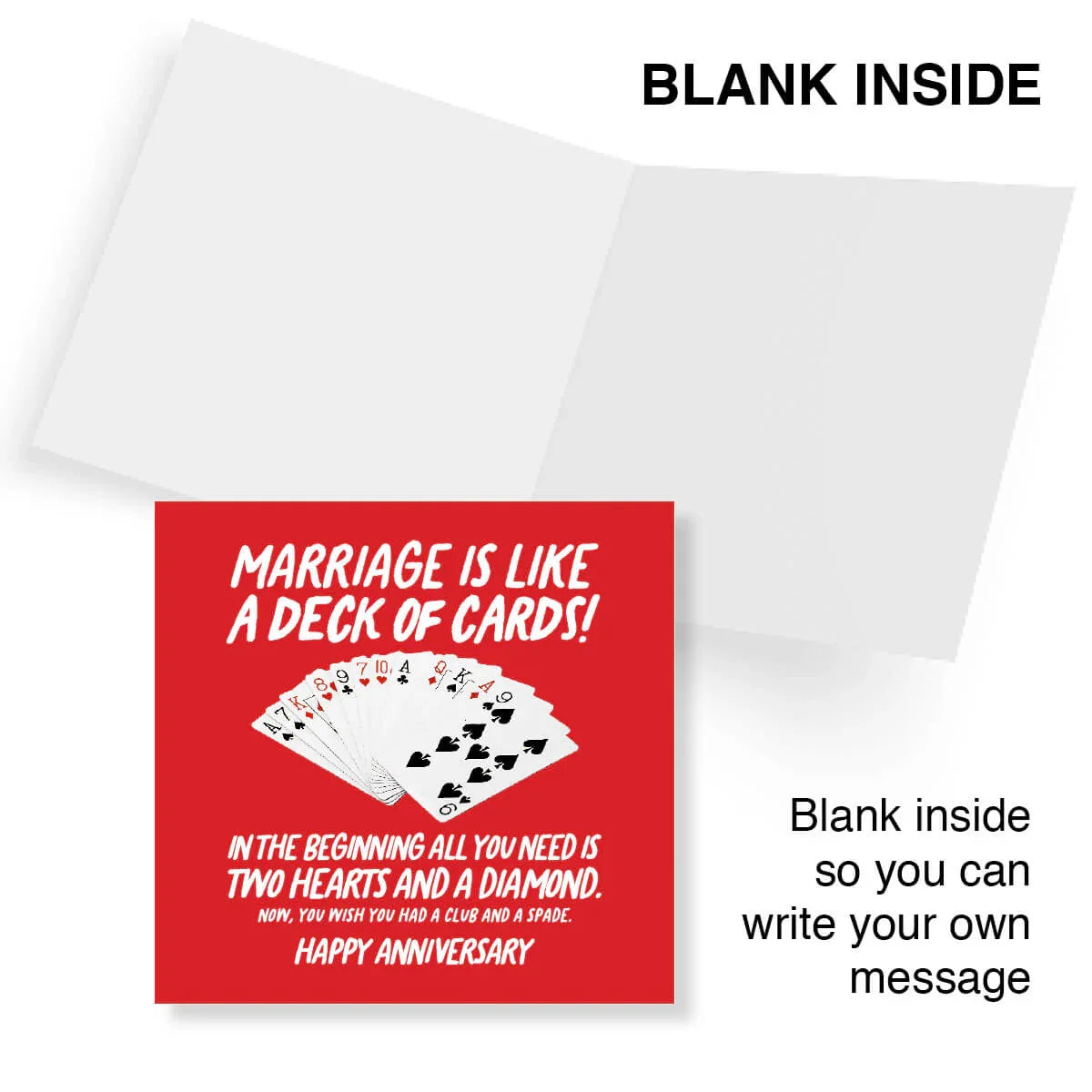 Funny anniversary card with red cover, playing cards graphic, blank inside for custom message