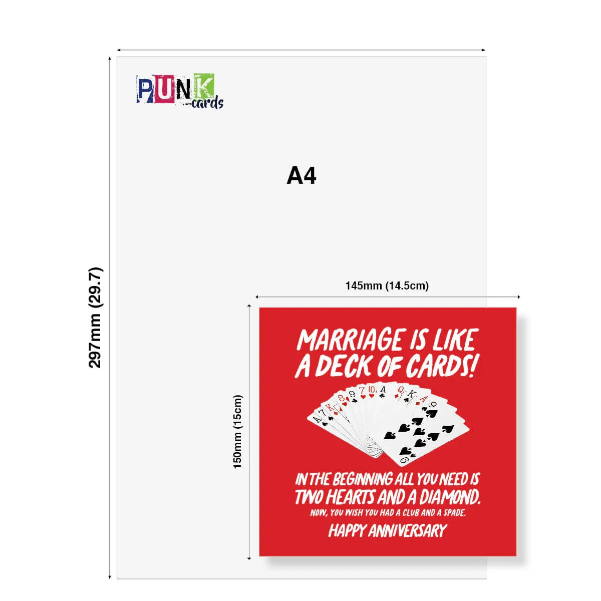 Funny anniversary card with red background, playing cards, and humorous marriage quote.
