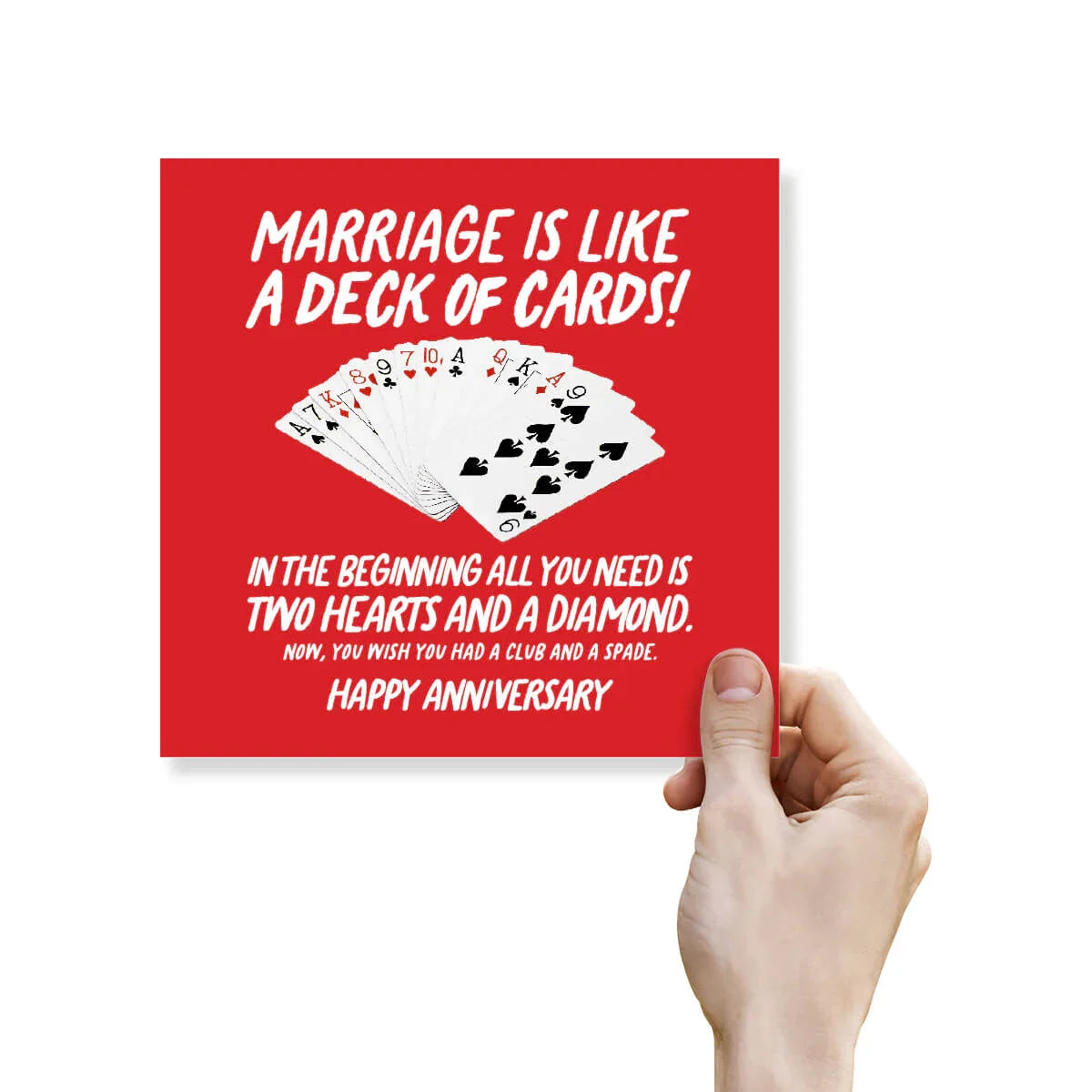 Funny anniversary card with red background, deck of playing cards illustration, and humorous marriage quote.