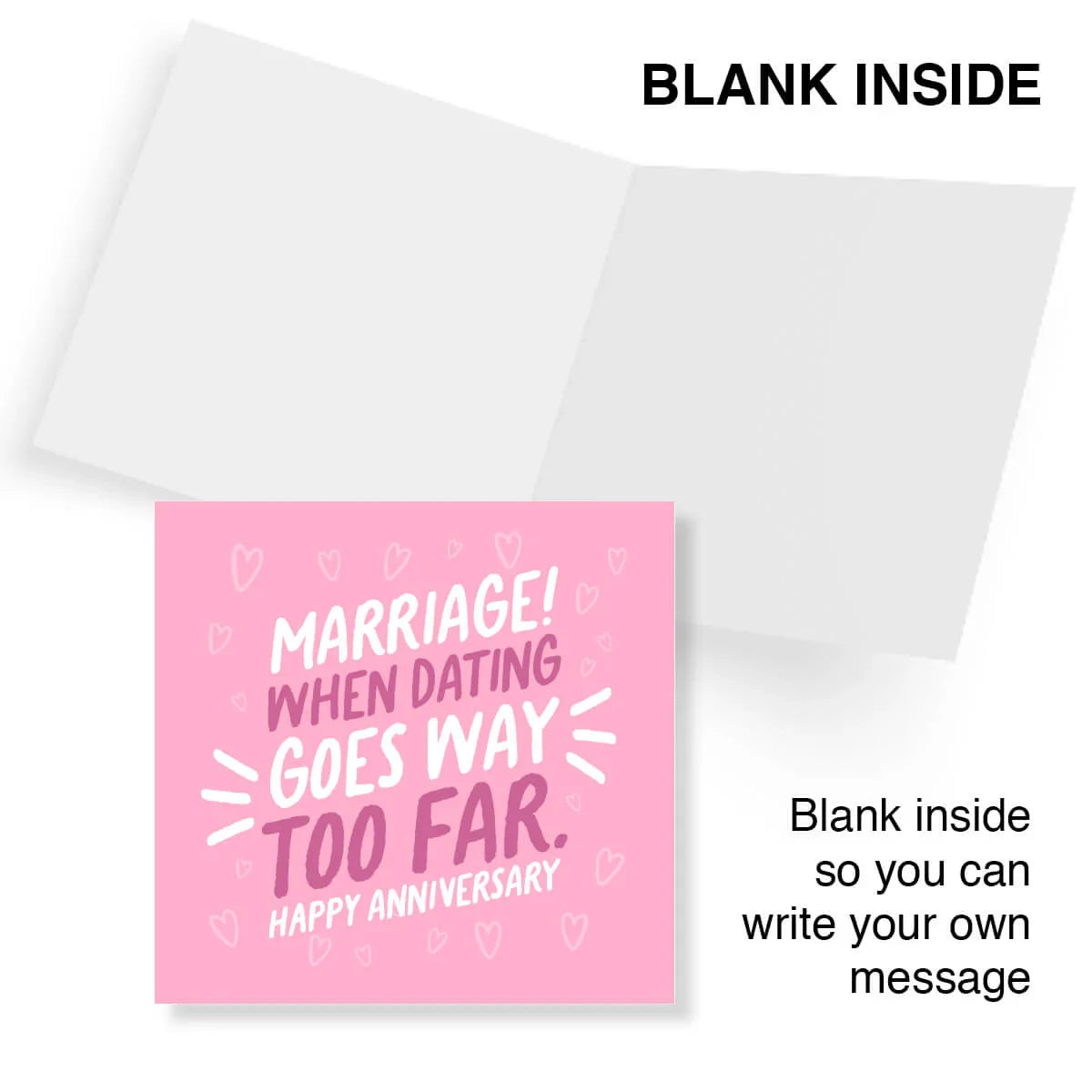 Funny anniversary card with pink cover, white and purple text, blank inside